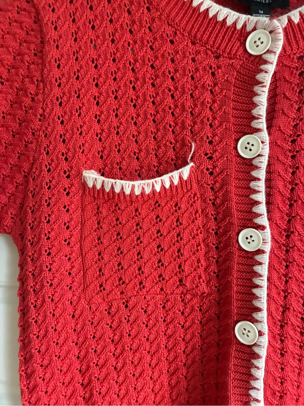 Vintage style Red Eyelet Knit Button-Front Sweater with Contrast Trim